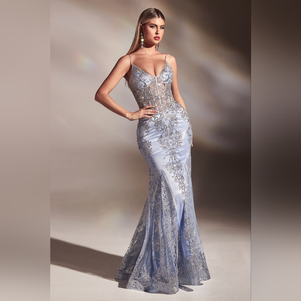 Fitted Floral Glitter Print Corset Gown Light Blue J810